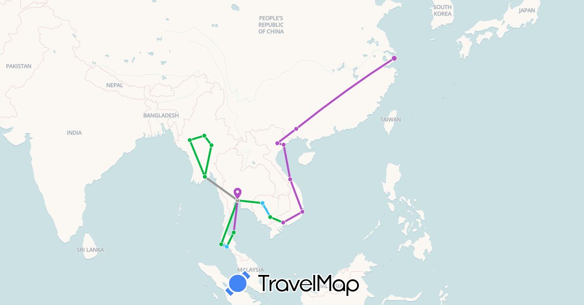 TravelMap itinerary: driving, bus, plane, train, boat in China, Cambodia, Myanmar (Burma), Thailand, Vietnam (Asia)